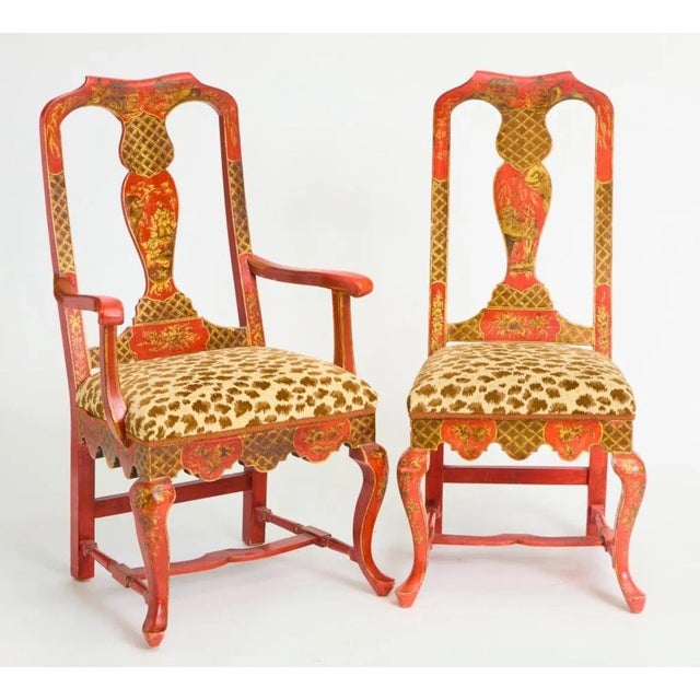 An exquisite set of 19th century red chinoiserie decorated in the Queen Anne style of England’s Gillow’s of Lancaster....