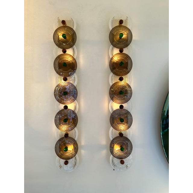 Large Contemporary Pair of Brass and Circle Disc Murano Glass Sconces, Italy For Sale - Image 9 of 12