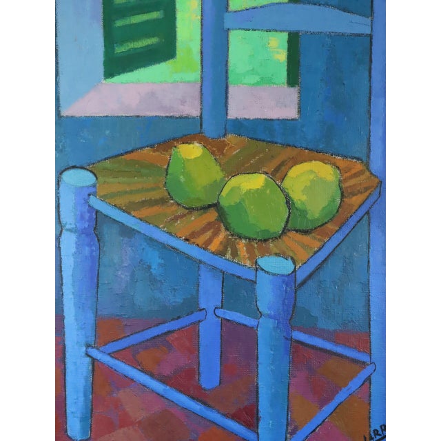 1978 Modernist 'Still Life With Blue Chair' Vintage Original Interiors Oil Painting, Framed For Sale - Image 10 of 14