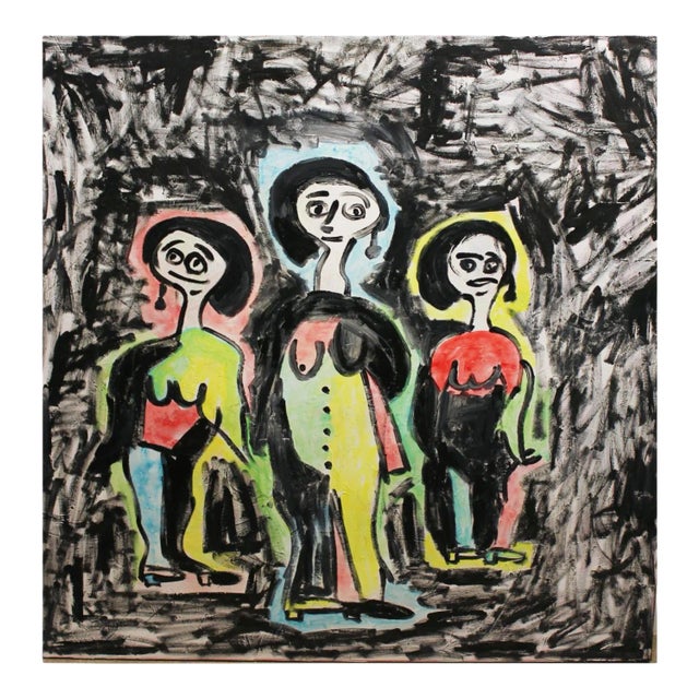 Contemporary Colorful Abstract with Three Females Oil on Canvas 2010s For Sale