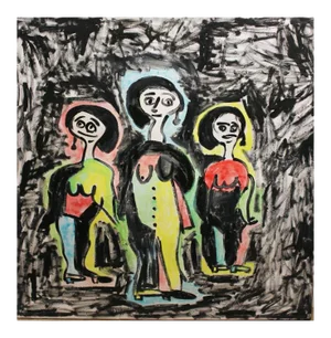 Contemporary Colorful Abstract with Three Females Oil on Canvas 2010s