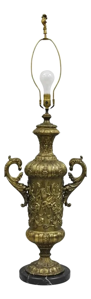 Antique Italian Renaissance Gold Bronze Figural Twin Handle Urn Large Table Lamp