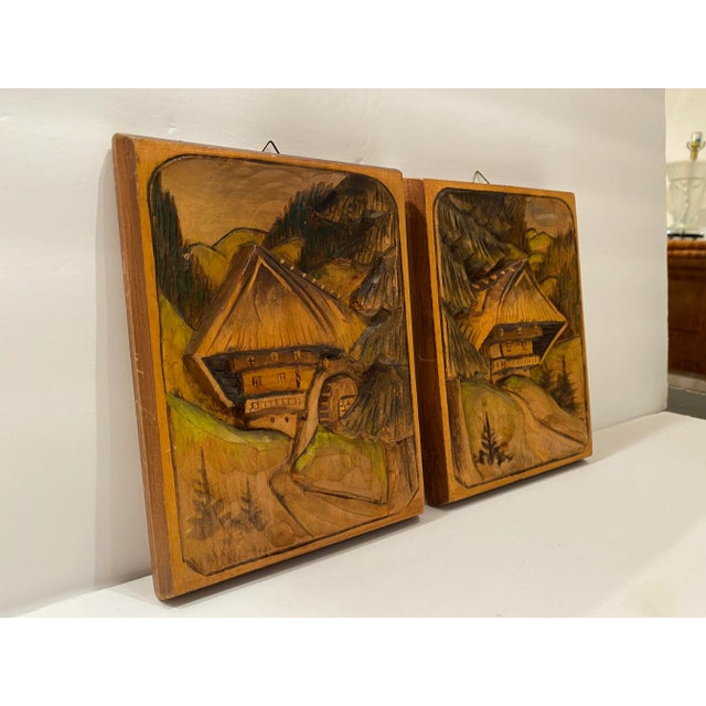 1950s Vintage German Black Forest Wood Carved Cottage & Landscape Wall Art - Set of 2 For Sale - Image 5 of 7