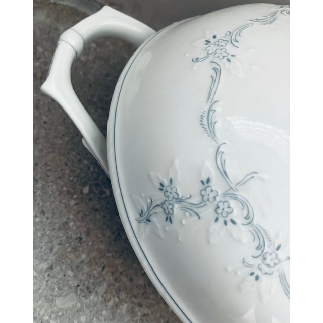 A.K. Kaiser Vintage German Kaiser Rokokoform Dubarry ‘Midinette’ Porcelain Tureen in White With Blue Flowers, Embossed Scrolls & Rosebud Finial Handle on Lid For Sale - Image 4 of 12