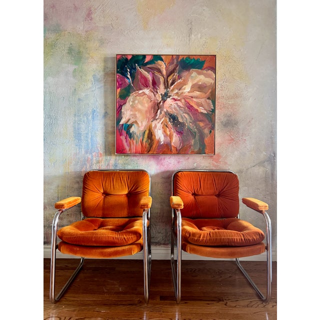Metal 1970's Vintage Mid-Century Chrome Cantilever Armchairs, Orange Tufted Velvet, Set of 2 For Sale - Image 7 of 10
