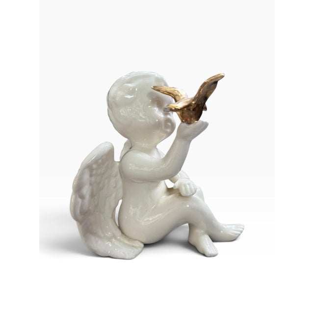 Hollywood Regency Vintage White Porcelain Cherub With Gold Bird Figurine, Hollywood Regency For Sale - Image 3 of 6