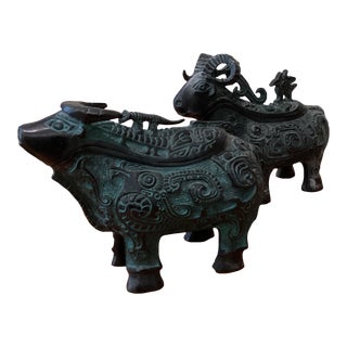 Early 19th Century Reproduction of Highly Important and Pair of Bronze Ritual Ram-Form Wine Vessels Gong For Sale