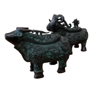 Early 19th Century Reproduction of Highly Important and Pair of Bronze Ritual Ram-Form Wine Vessels Gong