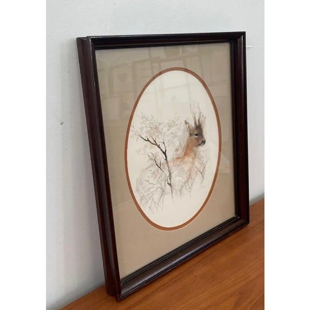 Traditional Vintage Original Wood Framed and Signed Deer and Tree Artwork. For Sale - Image 3 of 10