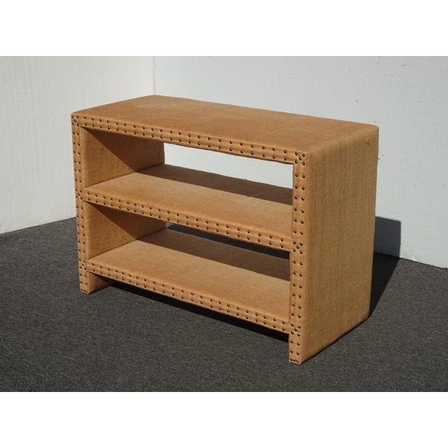 Modern Golden Brown Burlap Bookcase W Decorative Nails For Sale - Image 4 of 15