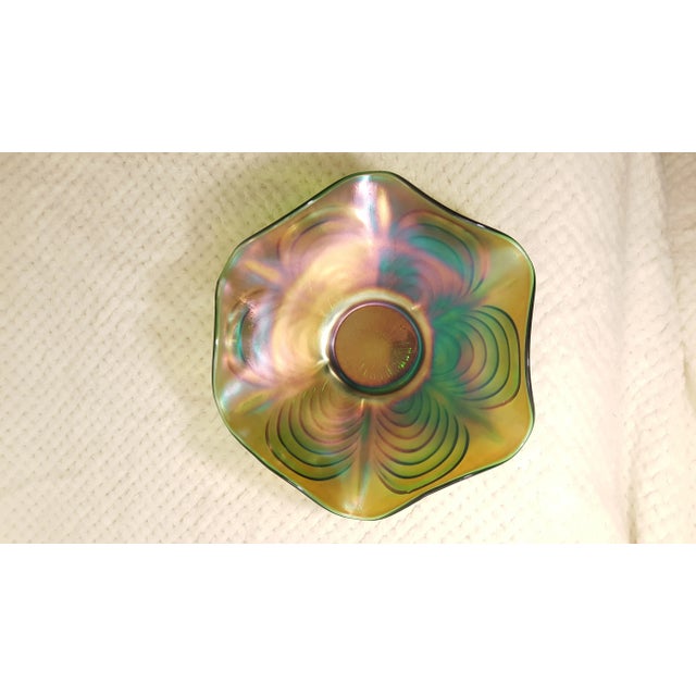 Fenton Art Glass Company Fenton Cut Arcs Green Carnival Glass Bowl For Sale - Image 4 of 6