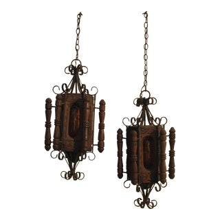 Vintage Gothic Wood & Rusted Wrought Iron Amber Crackle Glass Swag Lights - A Pair For Sale