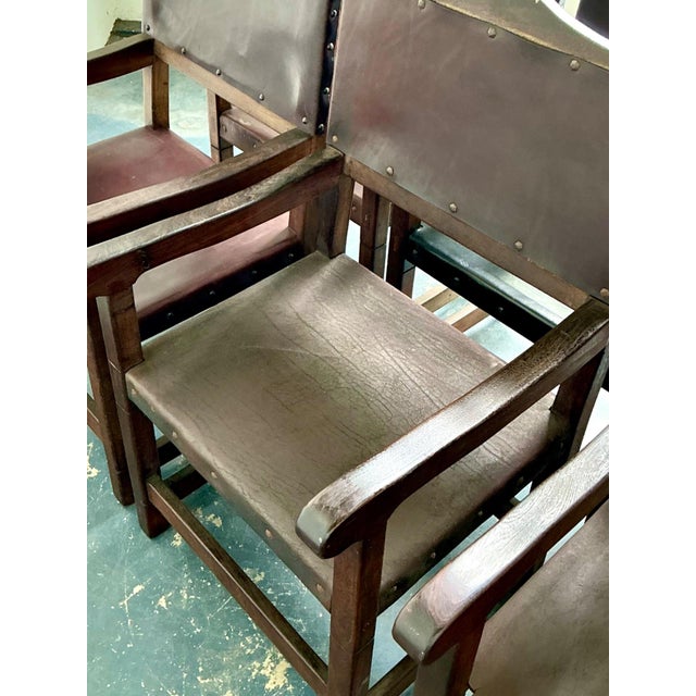 Wood Vintage Spanish Leather and Wood Armchairs - Set of 6 For Sale - Image 7 of 14