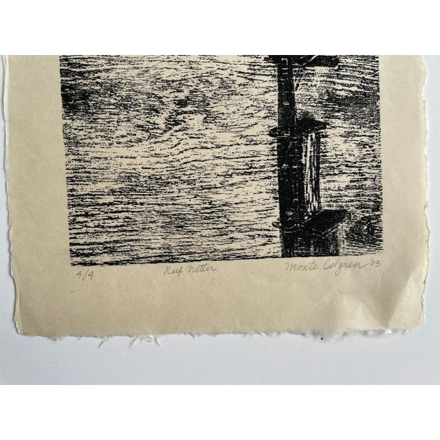 2003 black and white print titled Reef Netter by ceramic artist, musician and painter Monty Colgren (1928-2016). Image...