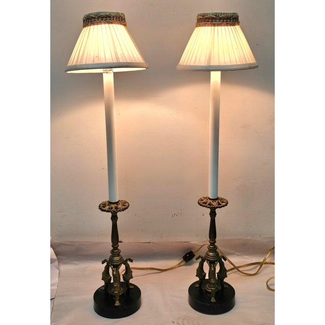 Metal Pair of Late 20th Century Egyptian Revival Style Brass Candlestick-Form Buffet or Table Lamps For Sale - Image 7 of 12