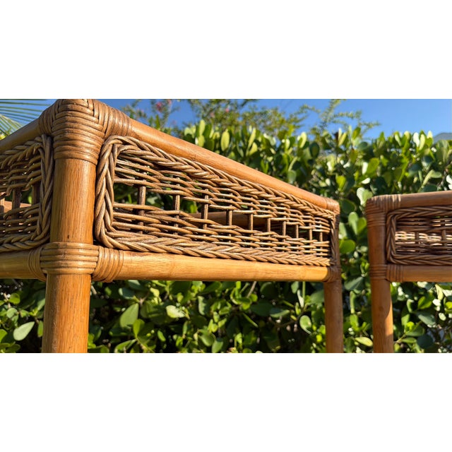 Vintage Tall Palm Beach Coastal Woven Rattan Corner Étagères, Pair For Sale - Image 12 of 12