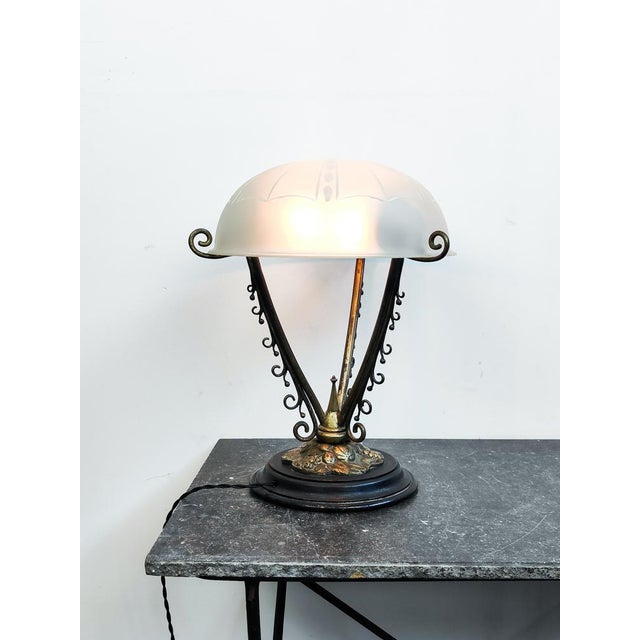 Large art nouveau table light with beautiful ageing to the nickel plated brass. The frame holds up a patterned etched...