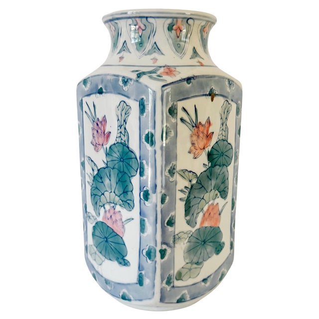 Chinoiserie Vintage Chinoiserie Square Pink Lotus Porcelain Baluster Vase For Sale - Image 3 of 6