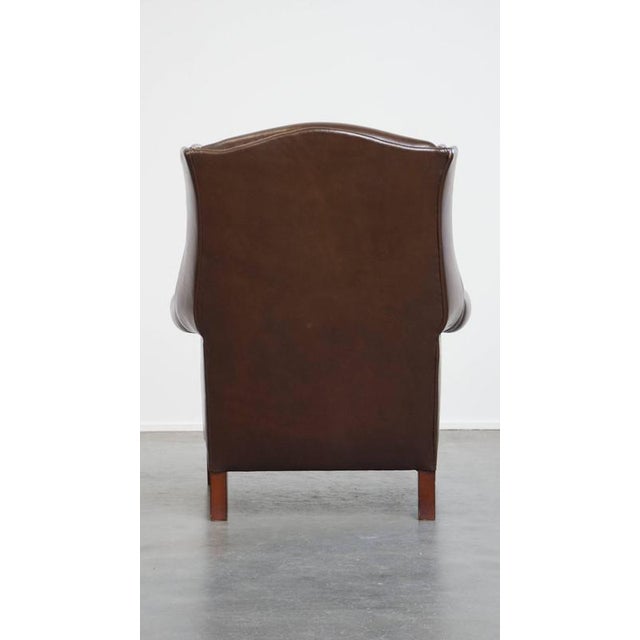 Large English Dark Brown Smooth Cow Leather Chesterfield Wing Chair For Sale - Image 4 of 14