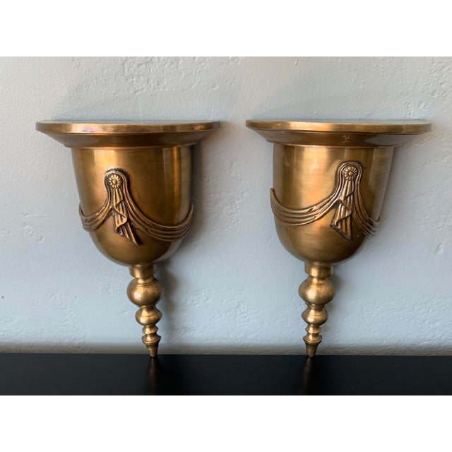 French Mid 20th Century Large Solid Antique Brass Wall Brackets With Swags, A Pair For Sale - Image 3 of 6