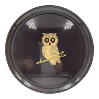Vintage Couroc of Monterey Inlaid Round Tray Owl on a Branch For Sale