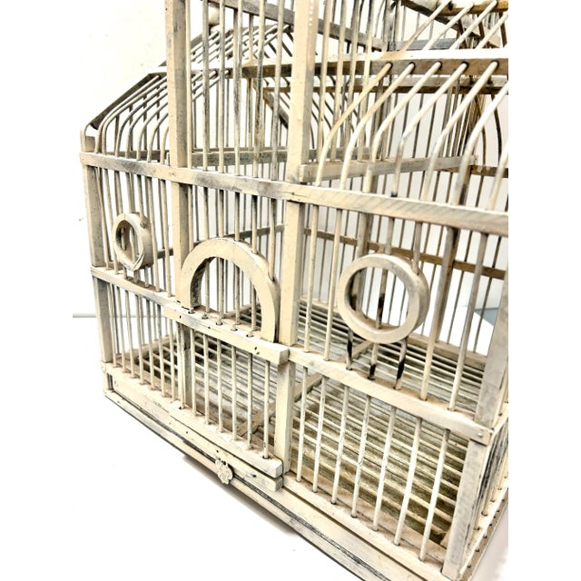 Wood Vintage French-Style Wood & Wire Architectural Birdcage With Chippy White Finish For Sale - Image 7 of 8