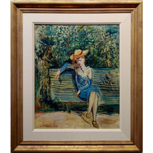 Constantin Terechkovitch -Lonely Woman Sitting at a garden Bench -Oil painting Russian post Impressionist oil painting on...