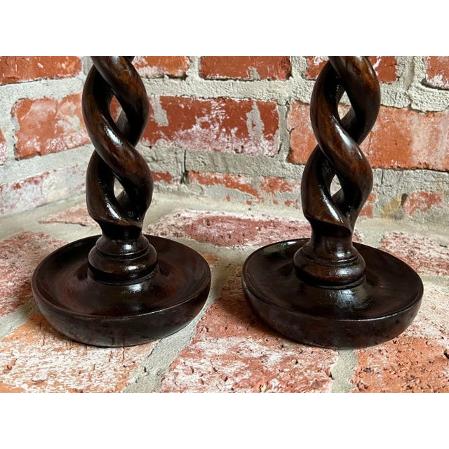 Pair Set Antique English Oak Open Barley Twist Candlesticks Candle Holder Brass For Sale - Image 10 of 12