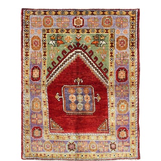 1930's Antique Prayer Design Turkish Rug in Colorful Geometric Pattern For Sale