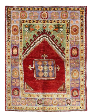 1930's Antique Prayer Design Turkish Rug in Colorful Geometric Pattern