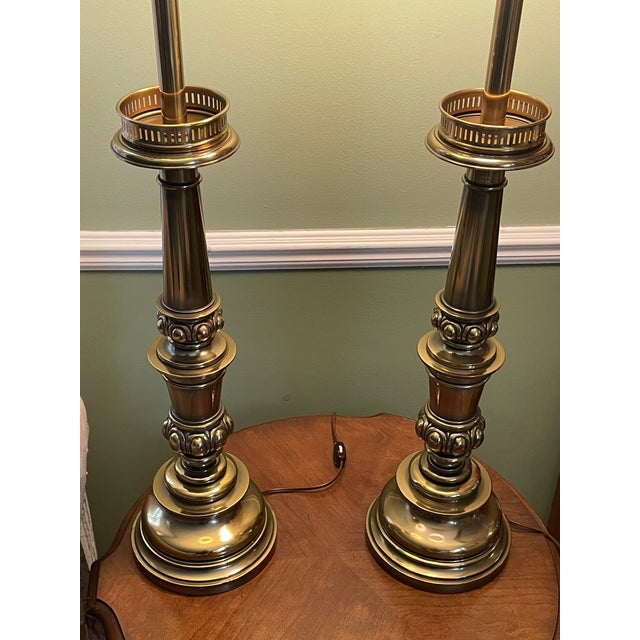 1960s Vintage MCM Stiffel Brass Torchiere Lamps With Diffuser Shades 38" - a Pair For Sale - Image 5 of 11