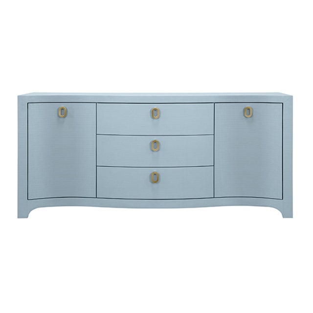 Matthew Izzo Home Paulina Light Blue Curved Front, Linen Wrapped Buffet With Satin Brass Drawer Pulls For Sale - Image 10 of 10