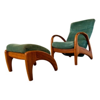 Set of Vintage Danish Reclining Chair and Ottoman in Green Suede For Sale