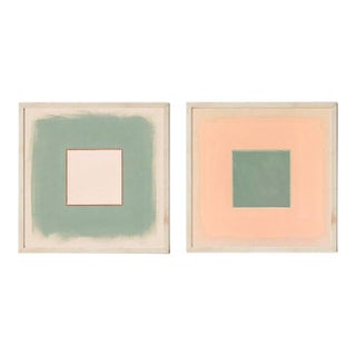 Pair of Sage Green, Pale Pink and Peach Abstract Art Prints | Set of 2, 24 X 24 Prints in Wood Frames For Sale