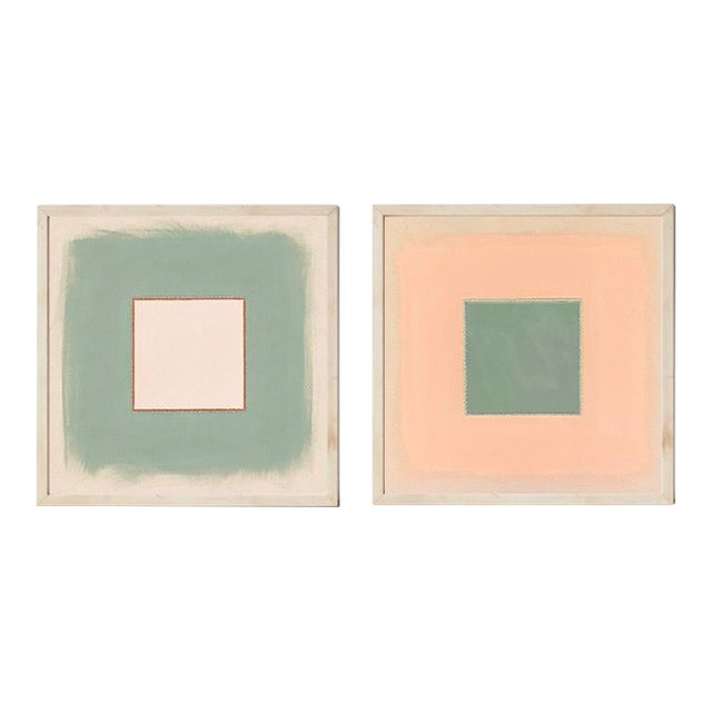 Pair of Sage Green, Pale Pink and Peach Abstract Art Prints | Set of 2, 24 X 24 Prints in Wood Frames For Sale