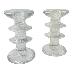 Iittala Crystal Icicle Glass Candle Holders by Timo Sarpaneva, Finland - a Pair Vintage Mid Century