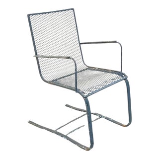 Vintage Mid Century Modern Wrought Iron Metal Mesh Spring Cantilever Patio Chair For Sale
