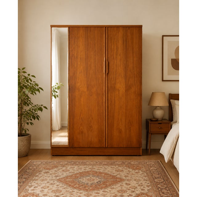 A freestanding double door teak wardrobe from Austinsuite Made during the 1960s Fitted out with clothes rail The style of...