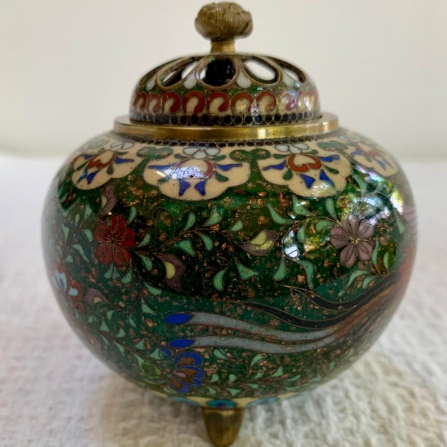 Chinese Vintage Chinese Cloisonné Covered Jar or Incense Pot, Phoenix Motif, Hand-Enameled Brass For Sale - Image 3 of 9