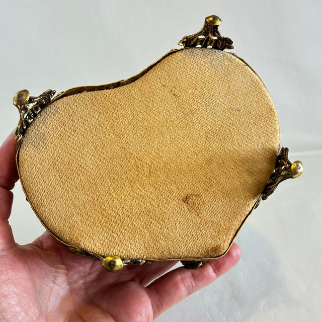 Vintage Gold Tone Heart Shaped Ormolu Filigree Jewelry Box For Sale - Image 9 of 12