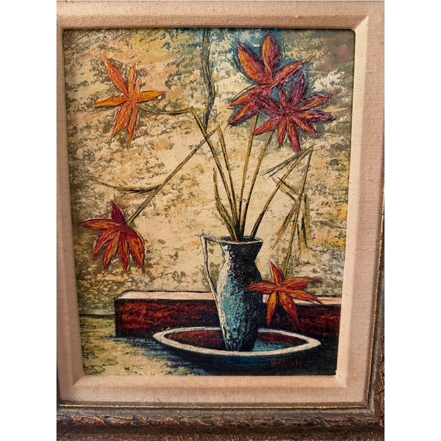 Turquoise Vintage 1970s Mid-Century Impasto Floral Still Life Painting, Signed, Stiffel Label For Sale - Image 8 of 9
