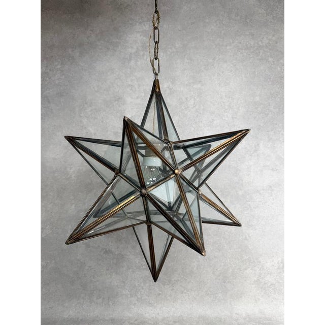Early 20th Century Moravian Star Glass and Brass Pendant Light For Sale - Image 4 of 12
