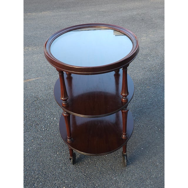 Early 20th Century Mahogany Oval Three-Tiered Rolling Bar Cart For Sale - Image 13 of 13