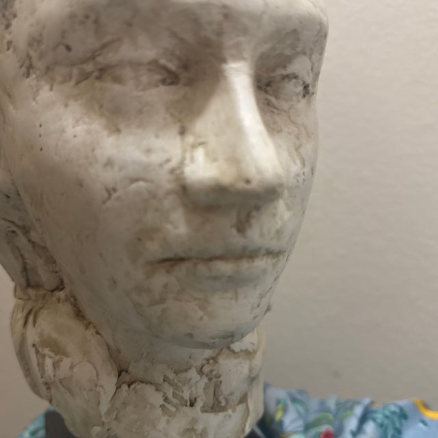 Early 20th Century Hand-Sculpted Figurative Plaster Bust on Wooden Base For Sale - Image 10 of 12