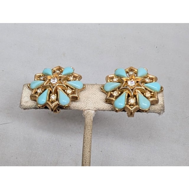 Mid-Century Modern Vintage 1950s Signed Trifari Faux-Turquoise & Clear Rhinestone Clip Earrings-2 Pieces For Sale - Image 3 of 7