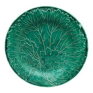 French Green Majolica Leaves Plate Montereau, Circa 1890 For Sale