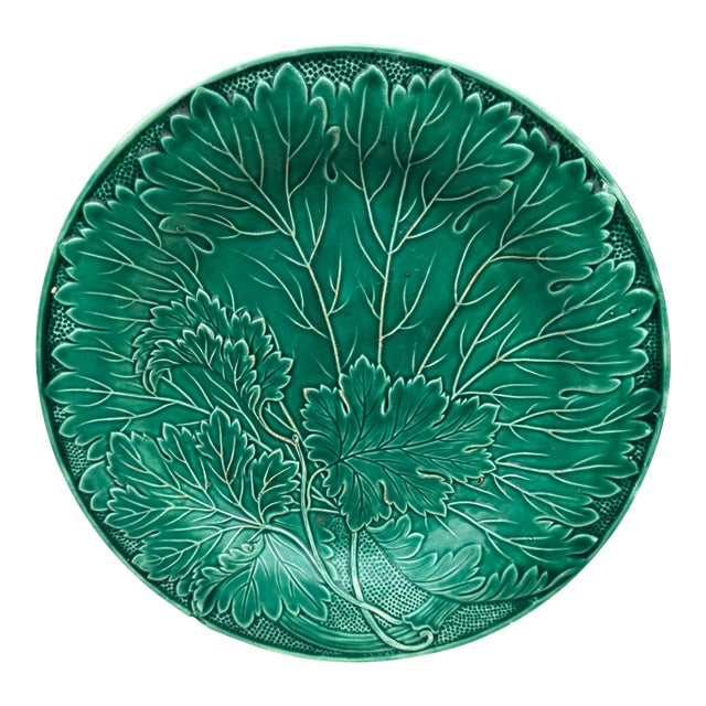 French Green Majolica Leaves Plate Montereau, Circa 1890 For Sale