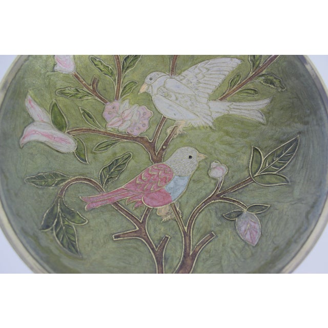 Vintage Enamelled Brass Pedestal Bowl Hand Painted Enamel Birds and Flowers Green Pink For Sale - Image 6 of 13