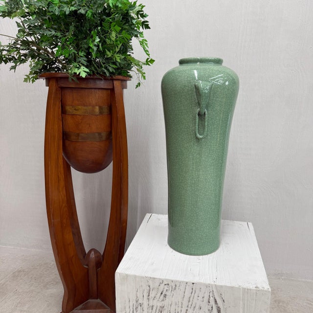 Mid 20th Century Tall Green Crackle Glazed Ceramic Vase with Elephant Handles For Sale - Image 5 of 10