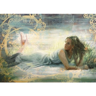 Unity by Christopher Clark | Oil and metal leaf on wood panel of a woman lying in a serene setting For Sale
